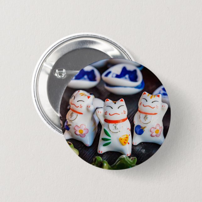 Beckoning cat figurines 2 inch round button (Front & Back)