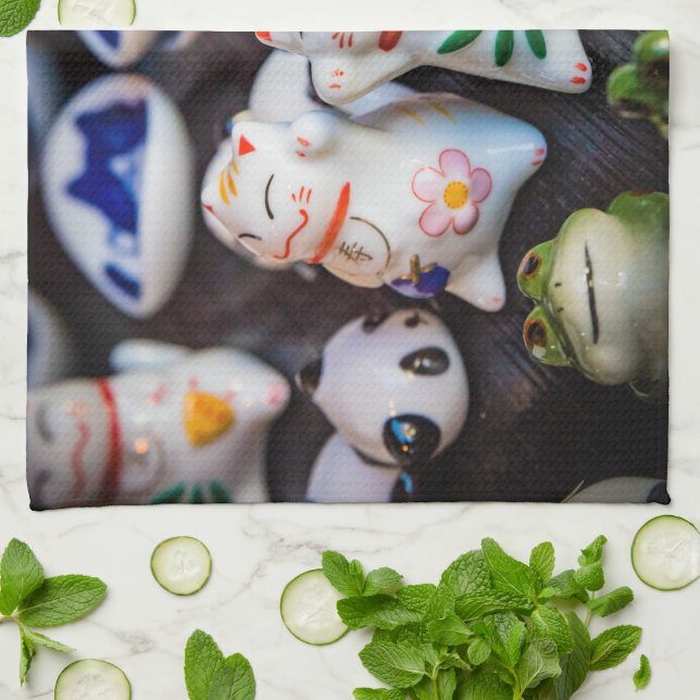 Beckoning cat figurines kitchen towel (Folded)