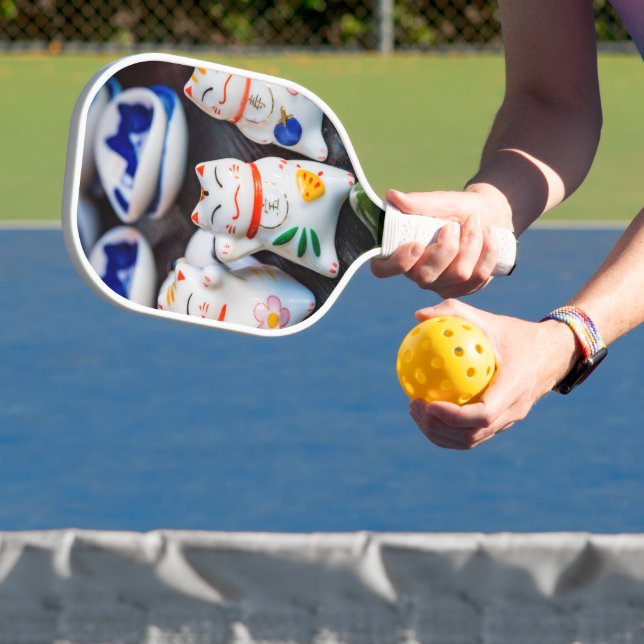 Beckoning cat figurines pickleball paddle (Insitu)
