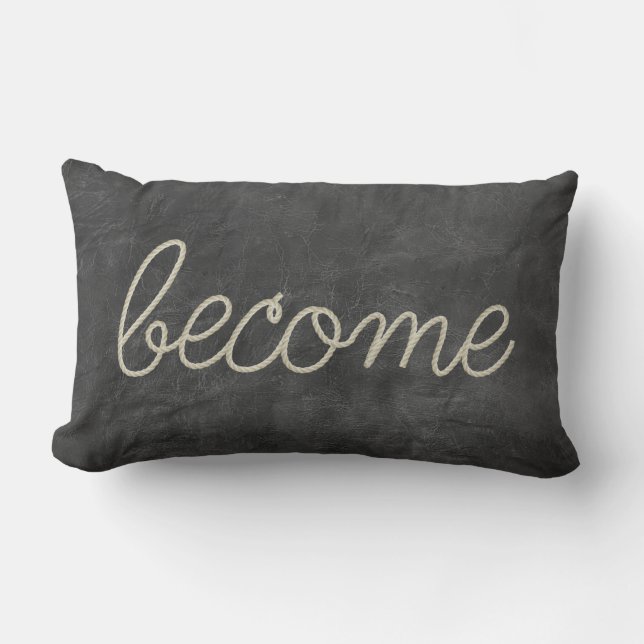 BECOME Rope Text on Black Worn Leather Lumbar Pillow (Front)