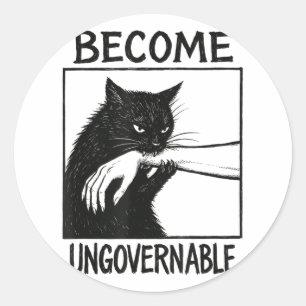 Become Ungovernable Black Cat Biting Hand Funny Ca Classic Round Sticker