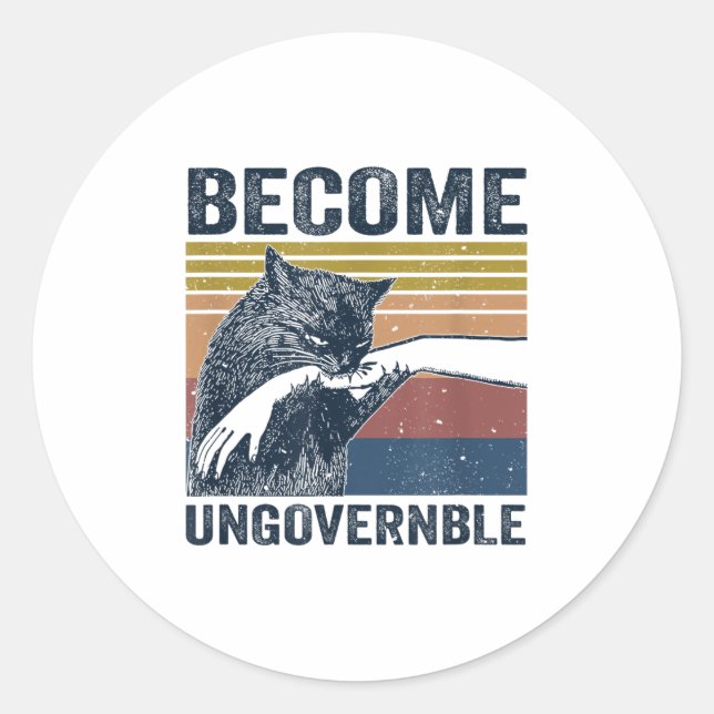 Become Ungovernable - Black Cat Biting Hand Funny  Classic Round Sticker (Front)