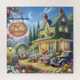 Bed & Breakfast Cottage Vintage Car, Floral Garden Jigsaw Puzzle