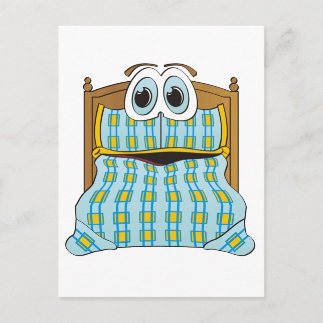Bed Cartoon Blue and Gold Postcard (Front)