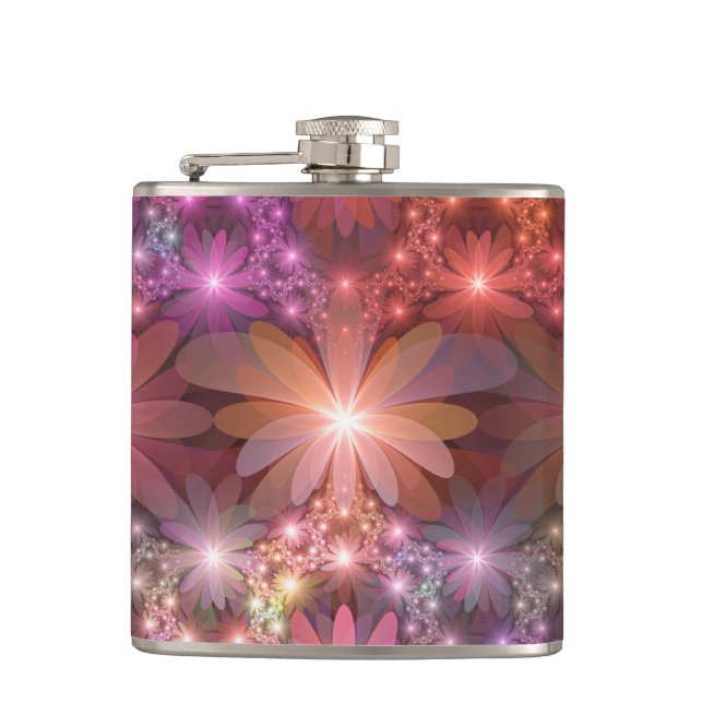 Bed Of Flowers Colourful Shiny Abstract Fractal Ar Hip Flask (Front)