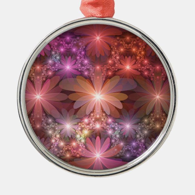 Bed Of Flowers Colourful Shiny Abstract Fractal Ar Metal Ornament (Front)