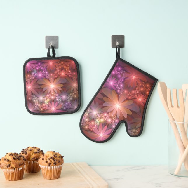 Bed Of Flowers Colourful Shiny Abstract Fractal Ar Oven Mitt & Pot Holder Set (Insitu(Hanging))