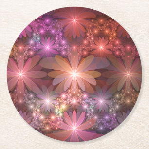 Bed Of Flowers Colourful Shiny Abstract Fractal Ar Round Paper Coaster