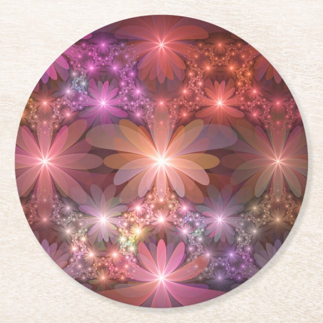 Bed Of Flowers Colourful Shiny Abstract Fractal Ar Round Paper Coaster (Front)