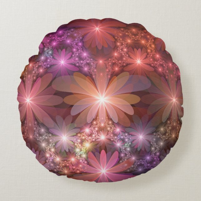 Bed Of Flowers Colourful Shiny Abstract Fractal Ar Round Pillow (Front)
