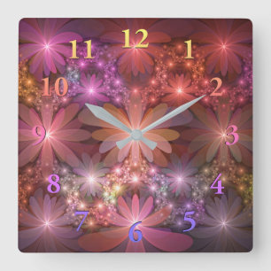 Bed Of Flowers Colourful Shiny Abstract Fractal Ar Square Wall Clock