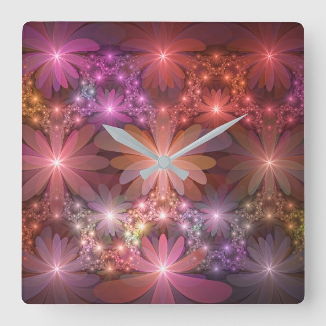 Bed Of Flowers Colourful Shiny Abstract Fractal Ar Square Wall Clock (Front)