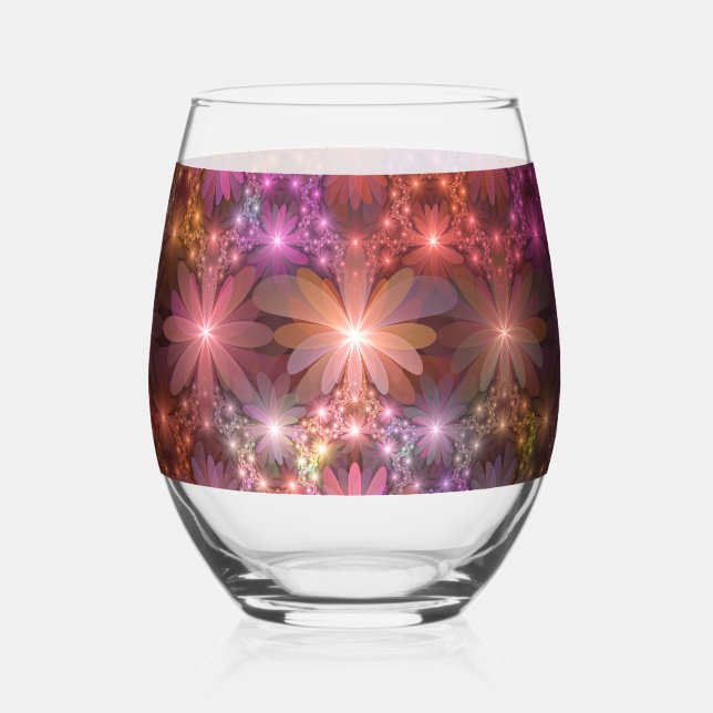 Bed Of Flowers Colourful Shiny Abstract Fractal Ar Stemless Wine Glass (Back)