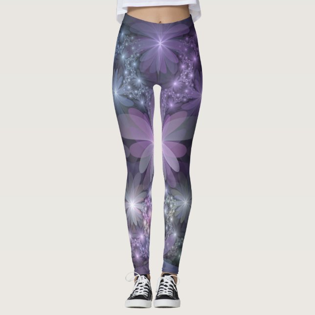 Bed of Flowers Trendy Shiny Abstract Fractal Art Leggings (Front)