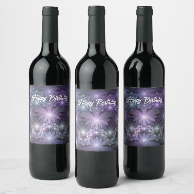 Bed of Flowers Trendy Shiny Abstract Fractal Art Wine Label (Bottles)