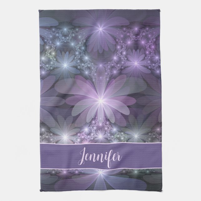Bed of Flowers Trendy Shiny Abstract Fractal Name Kitchen Towel (Vertical)