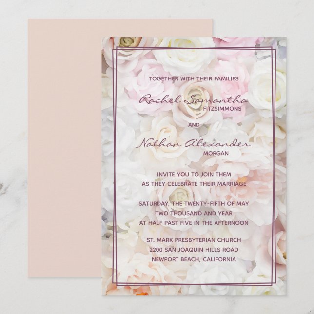 Bed of Pale Rose Wedding Invitations (Devant / Derrière)