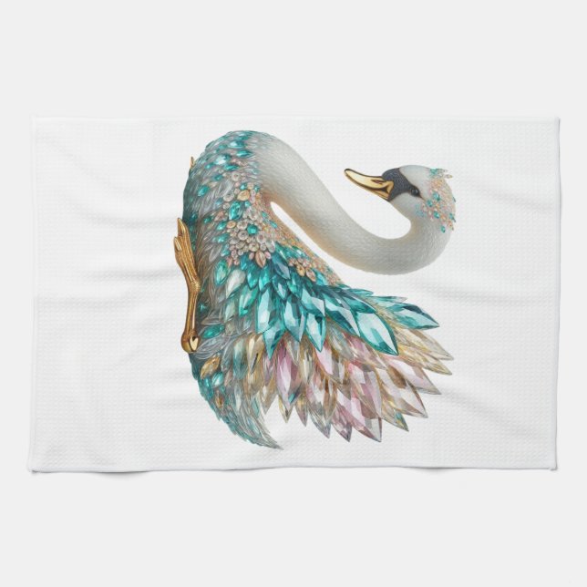 Bedazzled Diamond Swan Gold Crystal Bling Kitchen Towel (Horizontal)