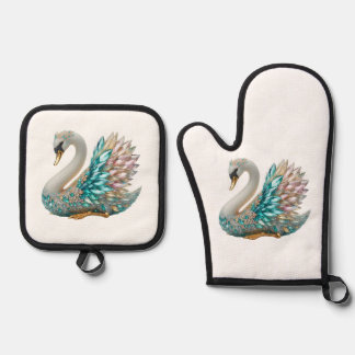 Bedazzled Diamond Swan Gold Crystal Bling Oven Mitt & Pot Holder Set