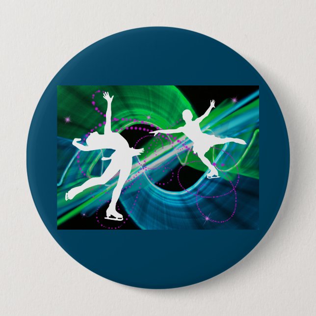 Bedazzled Figure Skaters Ice Skating 4 Inch Round Button (Front)