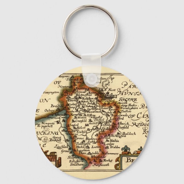 Bedfordshire County England Old Antiquarian Map Keychain (Front)