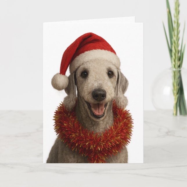 Bedlington Terrier in a Santa hat Christmas card (Front)