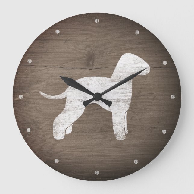 Bedlington Terrier Silhouette Rustic Style Large Clock (Front)
