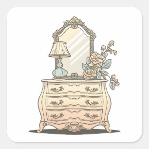 Bedroom Dresser With Old Lamp And Flowers Square Sticker