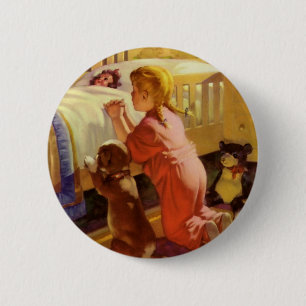 Bedtime Prayers, Girl with Puppy, Vintage Religion 2 Inch Round Button