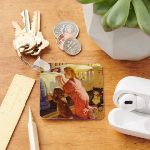 Bedtime Prayers, Girl with Puppy, Vintage Religion Keychain