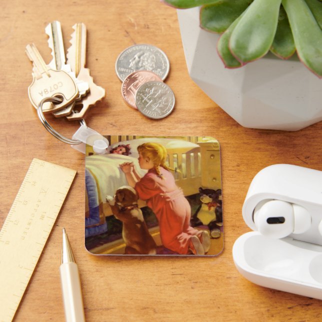 Bedtime Prayers, Girl with Puppy, Vintage Religion Keychain (Desk)