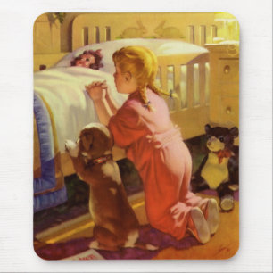 Bedtime Prayers, Girl with Puppy, Vintage Religion Mouse Pad