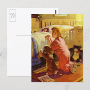 Bedtime Prayers, Girl with Puppy, Vintage Religion Postcard