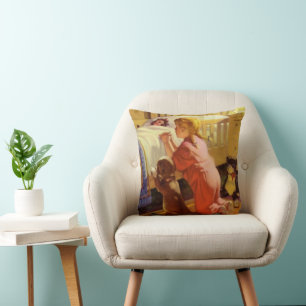 Bedtime Prayers, Girl with Puppy, Vintage Religion Throw Pillow