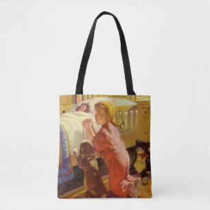 Bedtime Prayers, Girl with Puppy, Vintage Religion Tote Bag