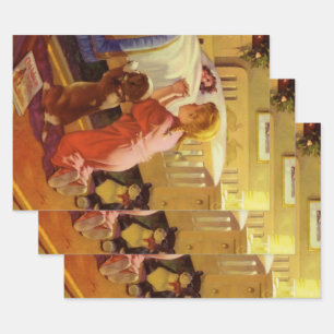 Bedtime Prayers, Girl with Puppy, Vintage Religion Wrapping Paper Sheet