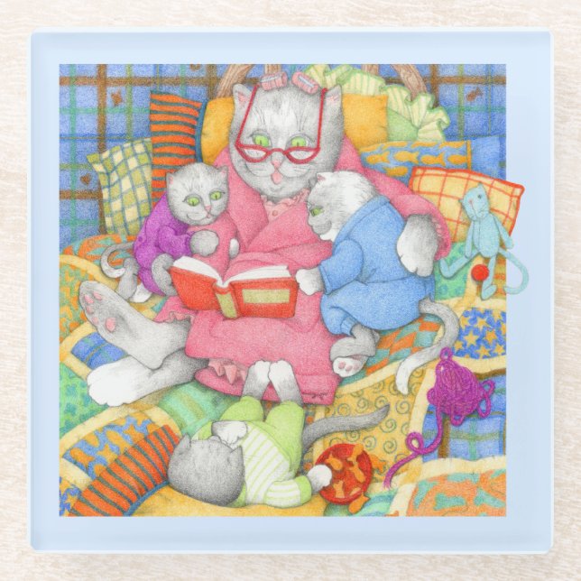 BEDTIME STORY Glass Beverage Coaster - Blue (Front)