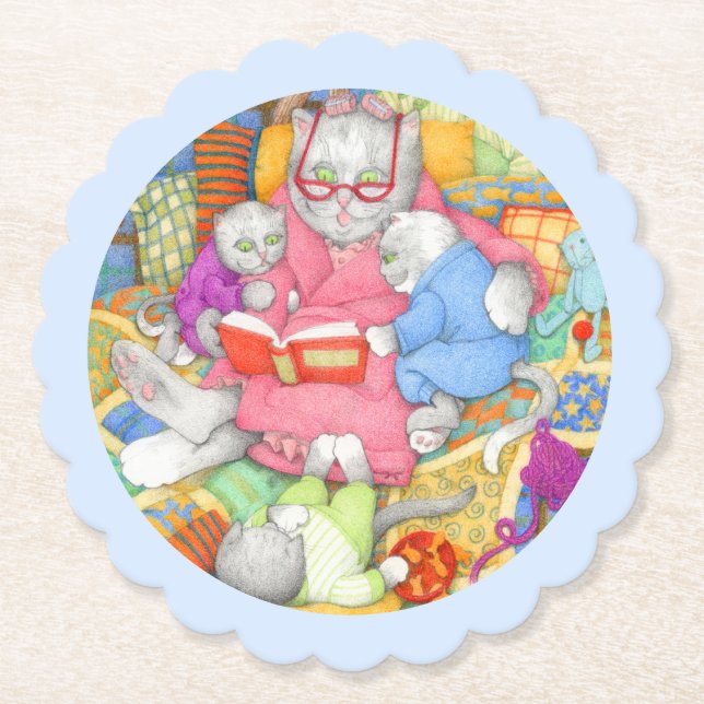 BEDTIME STORY Scalloped Round Coasters - Blue (Front)