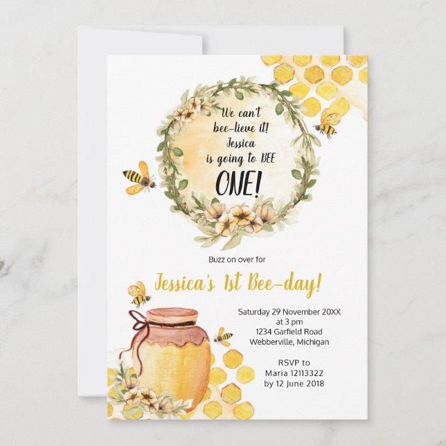 Bee 1er Anniversaire Fête Invitation Fille (Devant)