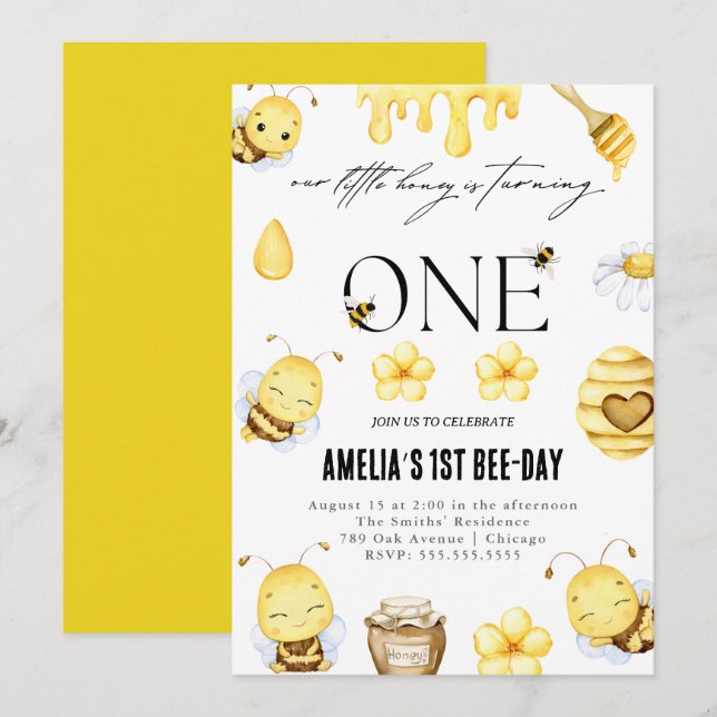 Bee 1st Birthday Invitation (Front/Back)