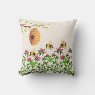 Bee and Bee Hive Throw Pillow with Thistle
