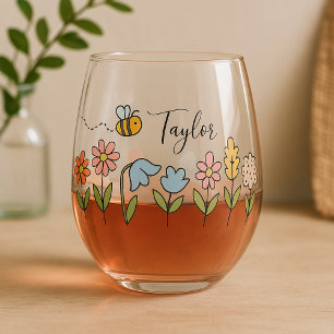 Bee and Colourful Flowers Personalized Gift Stemless Wine Glass