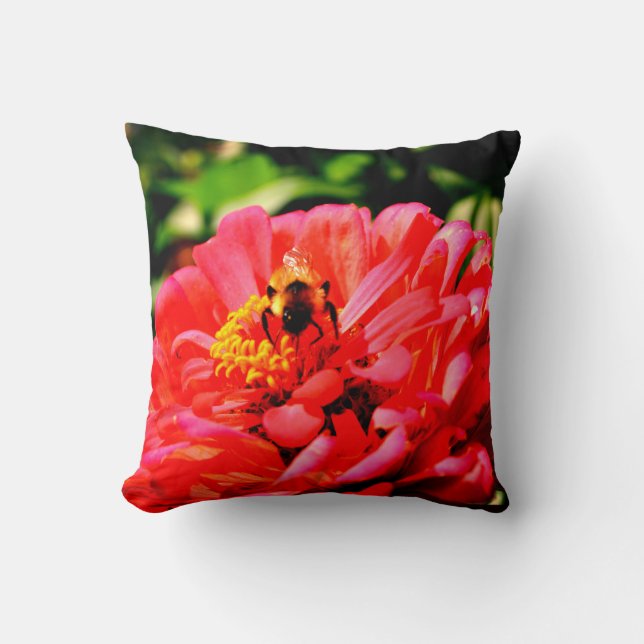 Bee and Coral Zinnia Throw Pillow (Front)