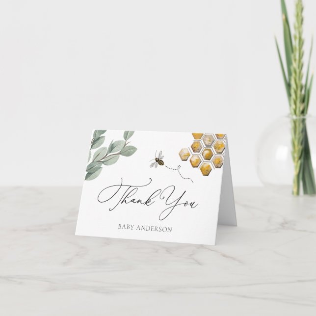 Bee and Eucalyptus Greenery Thank You Note Card (Front)