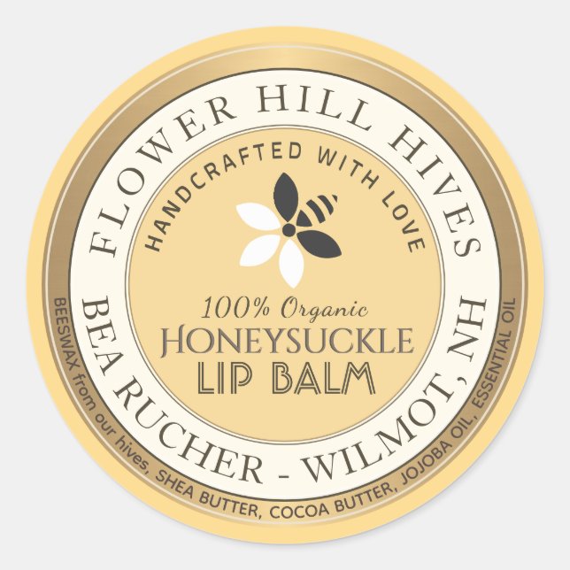 Bee and Flower Logo Beeswax Lip Balm Label  (Front)
