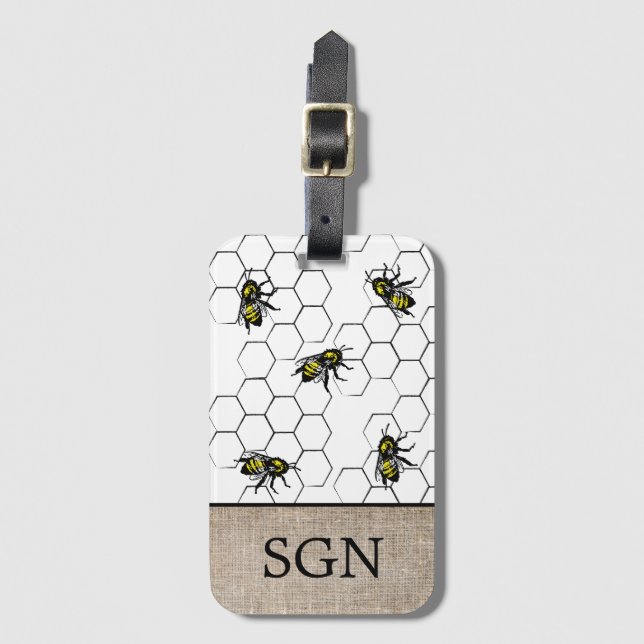 Bee and Honeycomb Faux Burlap | Monogram Luggage Tag (Front Vertical)