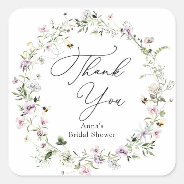 Bee and Lavender Wildflower Bridal Shower Square Sticker (Front)