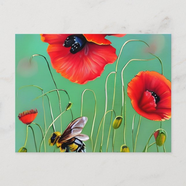 Bee and Red Poppies Postcard (Front)