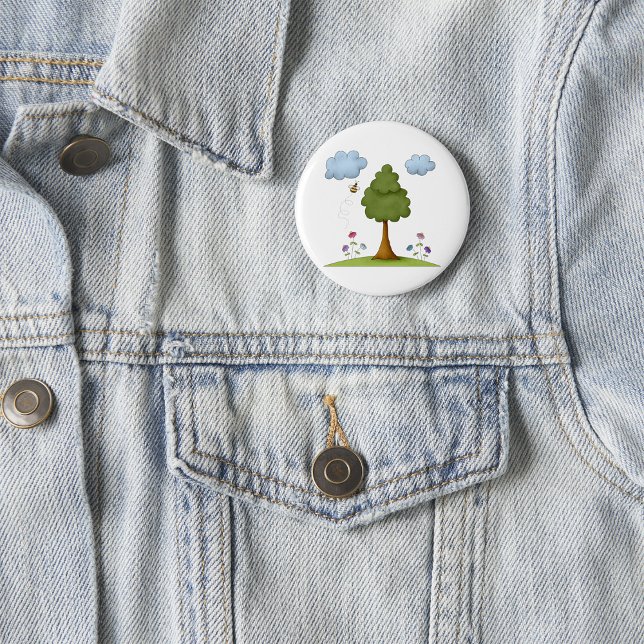 Bee and Tree Nature Scene with Flowers and Clouds 2 Inch Round Button (Creator Uploaded)