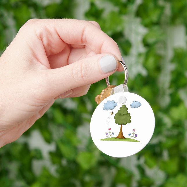 Bee and Tree Nature Scene with Flowers and Clouds Keychain (Creator Uploaded)